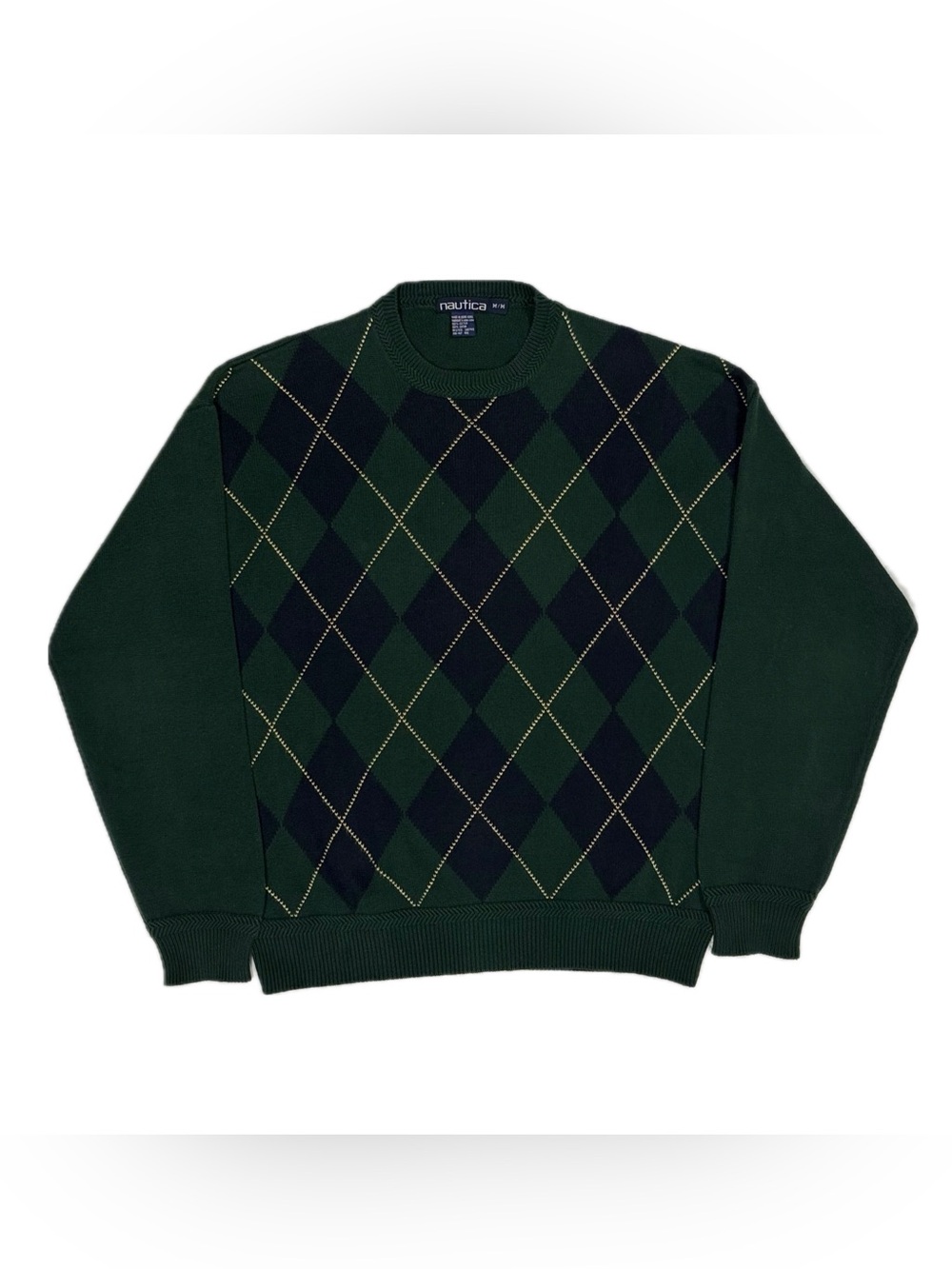 Vtg 90s Nautica Cotton Green Navy Yellow Argyle Golf Knit Sweater Men Medium